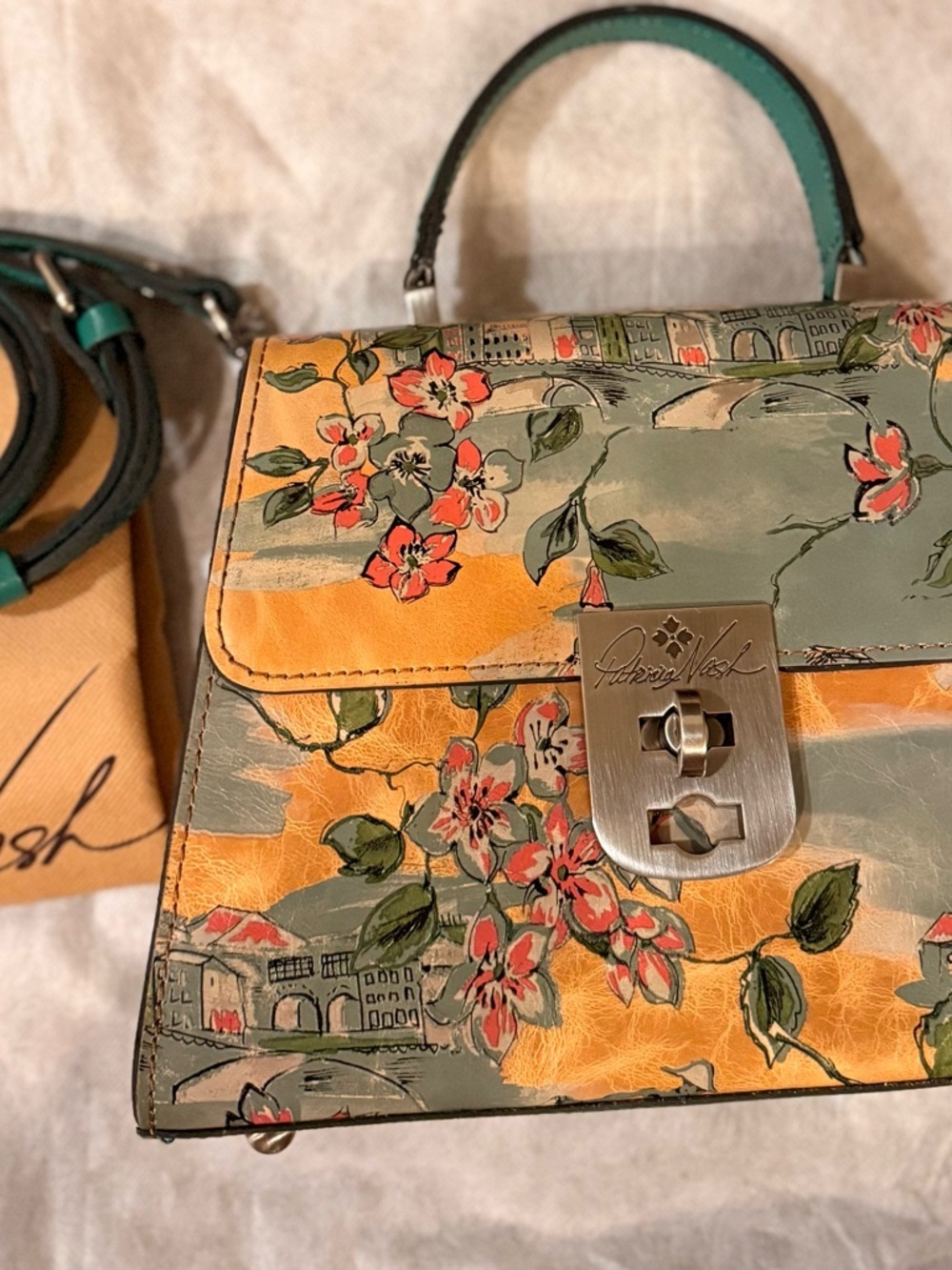 Patricia Nash Top-Handle Bag in Teal & Mustard with Detachable Strap - Picture 10 of 12
